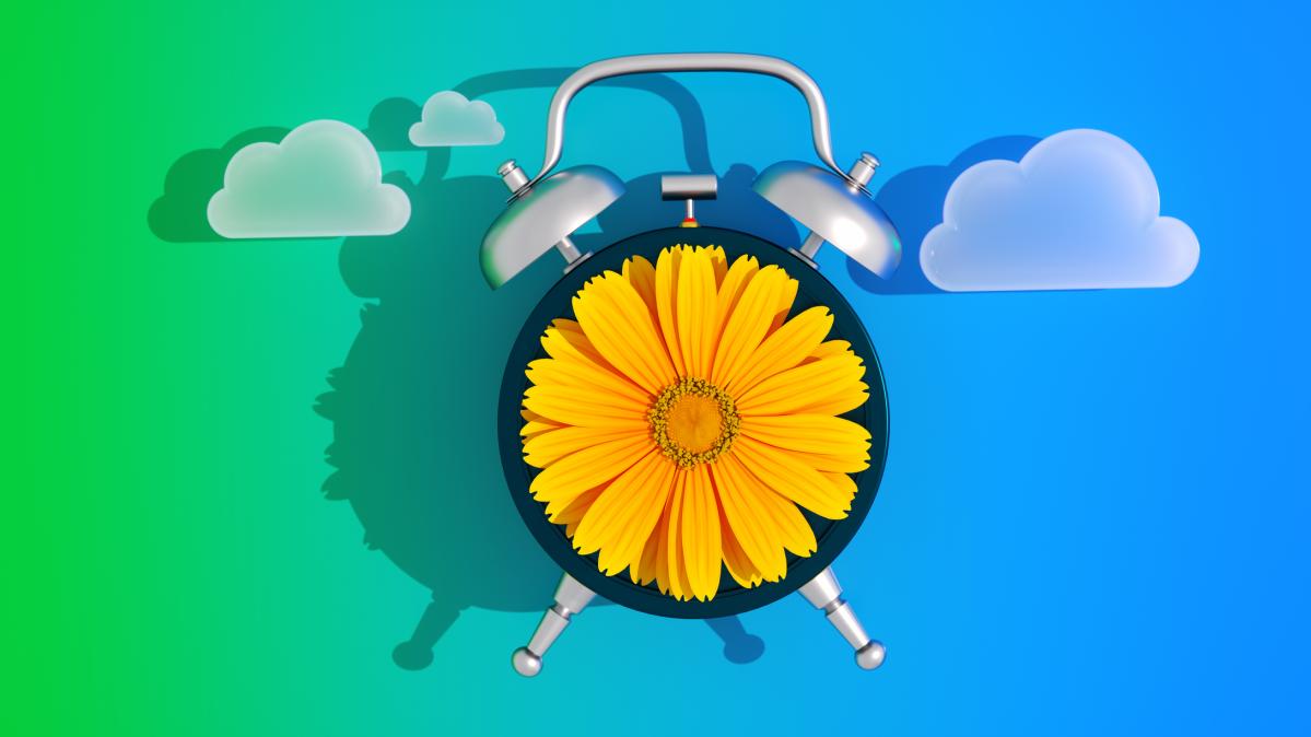 Alarm clock with a flower in the middle. Green and blue background with some clouds