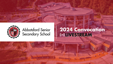 Abby Senior exterior with graphic logo and words that say 2024 Convocation