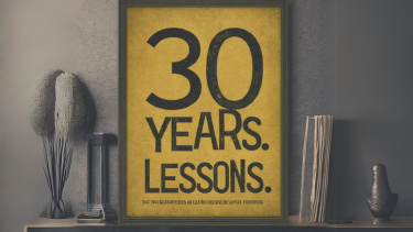 AI Generated image with a picture frame that reads "30 Years. Lessons."