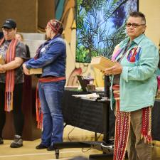 Fraser Valley Metis Association representatives gift items to leaders from local First Nations